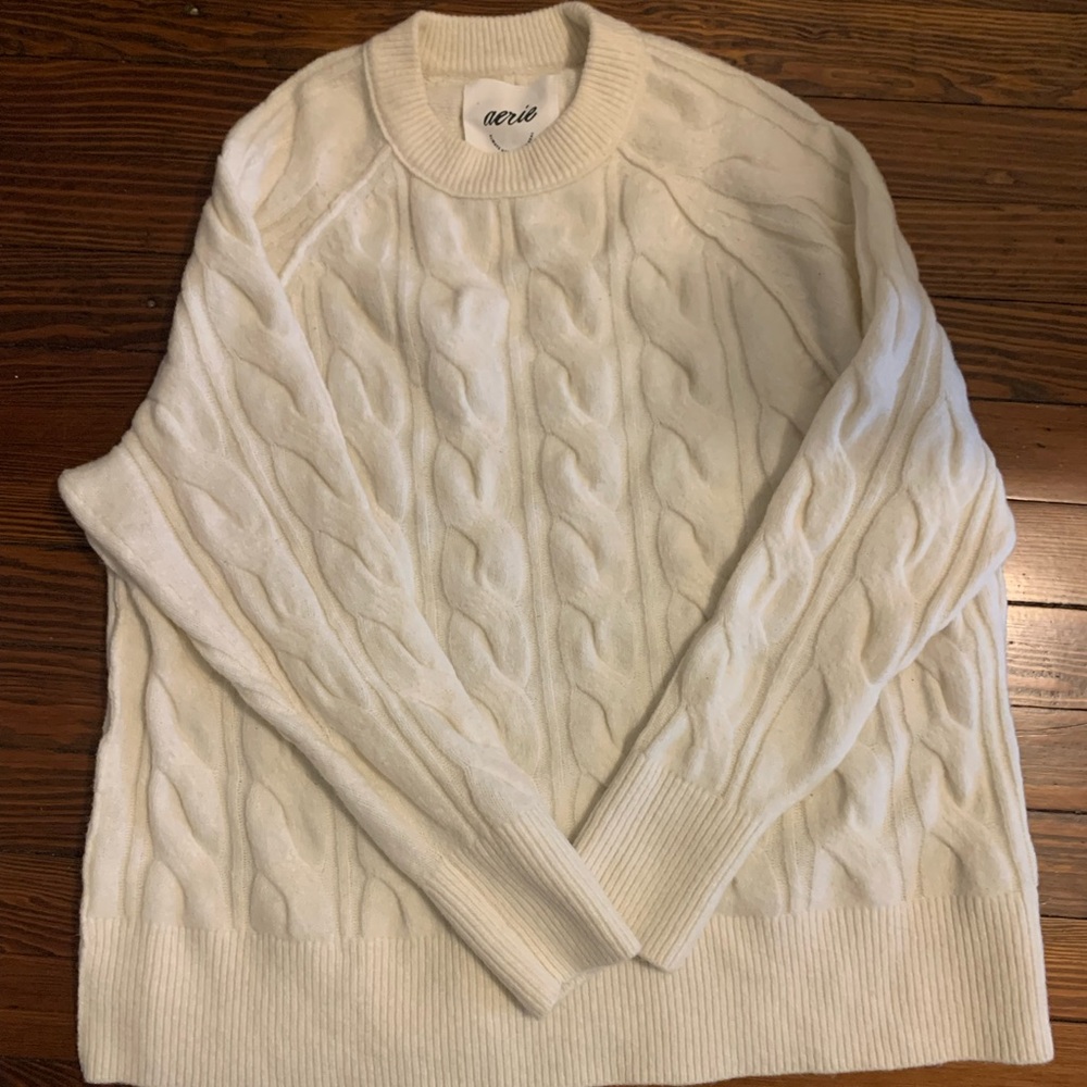Aerie UnREAL Cream Cable Knit Crew